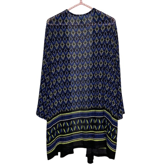 Catherines 2X Black Green Blue Stretch Open Knit 3/4 Sleeve Geo Cardigan Sweater - Picture 2 of 3